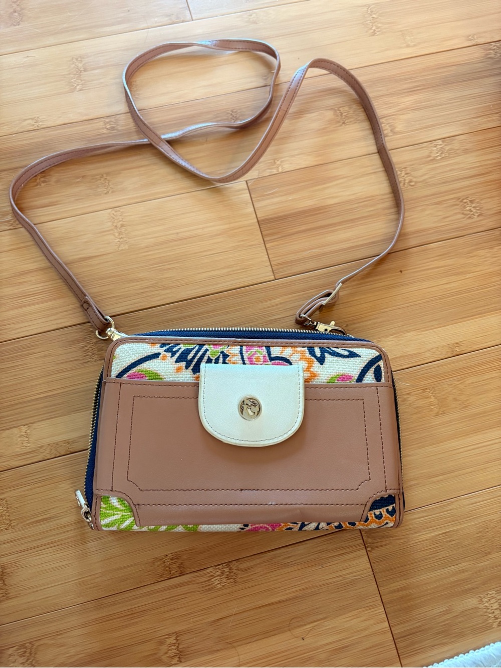 Spartina 449 Tan and Cream Floral Canvas Crossbody Wallet